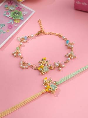 set of 2 multicolor gold toned radha krishna beaded bhaiya bhabhi rakhi with roli chawal chandan & mishri 2