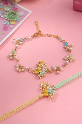 set of 2 multicolor gold toned radha krishna beaded bhaiya bhabhi rakhi with roli chawal chandan & mishri