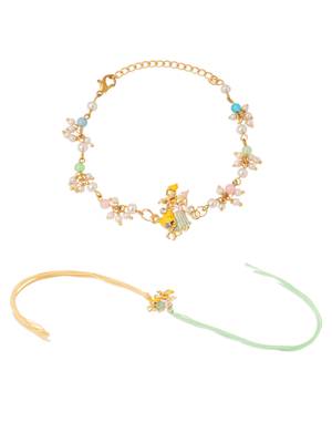 set of 2 multicolor gold toned radha krishna beaded bhaiya bhabhi rakhi with roli chawal chandan & mishri 3