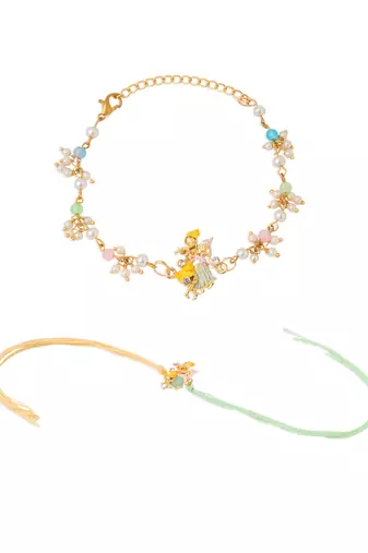 set of 2 multicolor gold toned radha krishna beaded bhaiya bhabhi rakhi with roli chawal chandan & mishri