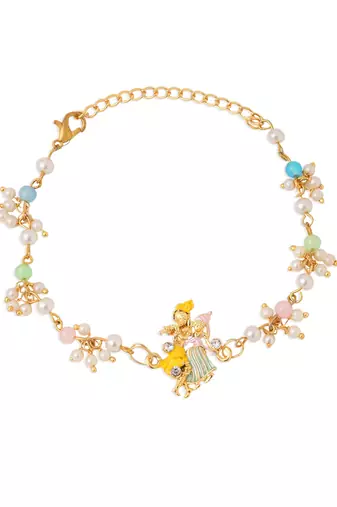 set of 2 multicolor gold toned radha krishna beaded bhaiya bhabhi rakhi with roli chawal chandan & mishri