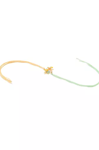 set of 2 multicolor gold toned radha krishna beaded bhaiya bhabhi rakhi with roli chawal chandan & mishri