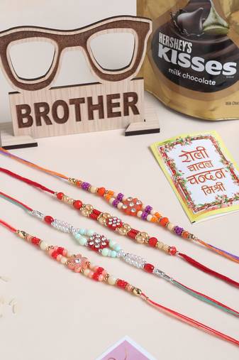 men set of 4 floral design multicolor artificial stones and beads thread rakhi combo