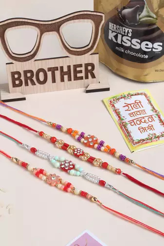 men set of 4 floral design multicolor artificial stones and beads thread rakhi combo