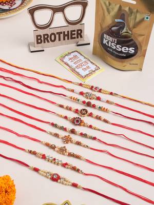 men set of 10 red artificial stones and beads rudraksh thread rakhi combo 1