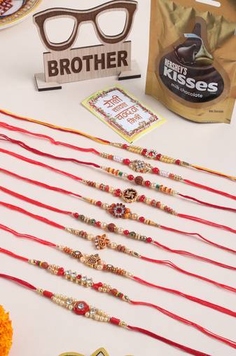 men set of 10 red artificial stones and beads rudraksh thread rakhi combo