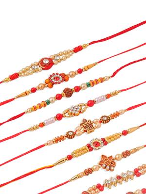 men set of 10 red artificial stones and beads rudraksh thread rakhi combo 2
