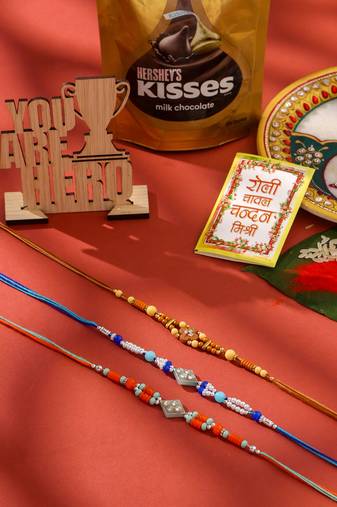men set of 3 multicolor artificial stones and beads rakhi combo