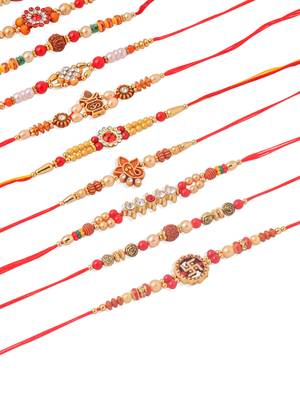 men set of 10 red artificial stones and beads rudraksh thread rakhi combo 4