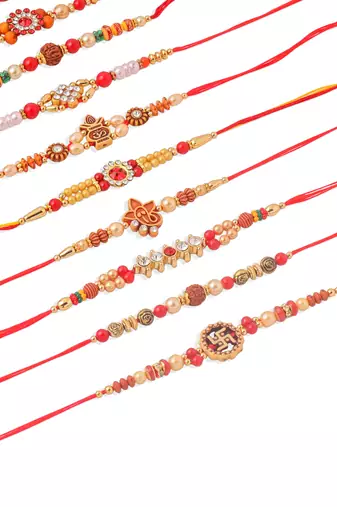 men set of 10 red artificial stones and beads rudraksh thread rakhi combo
