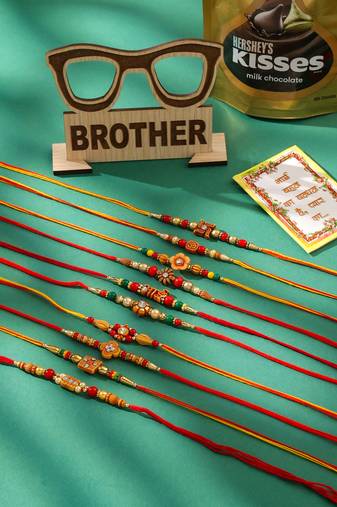 men set of 10 floral design red artificial stones and beads thread rakhi combo