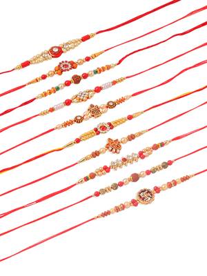 men set of 10 red artificial stones and beads rudraksh thread rakhi combo 5