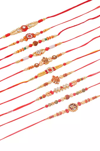 men set of 10 red artificial stones and beads rudraksh thread rakhi combo