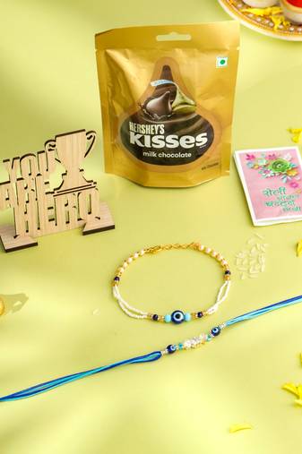 set of 2 blue evil eye artificial stones & beads bhaiya bhabhi rakhi combo