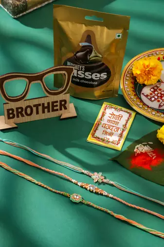 men set of 3 floral design multicolor artificial stones & pearls thread rakhi combo