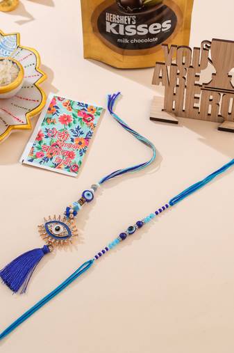 set of 2 blue evil eye artificial stones & beads bhaiya bhabhi rakhi combo