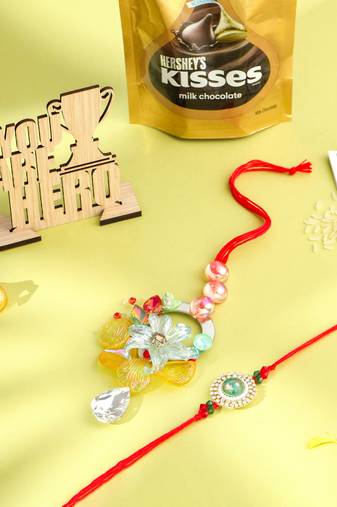 multicolor artificial stones & beads set of 2 bhaiya bhabhi rakhi combo