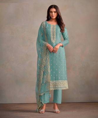 Sky Blue Organza Salwar Suit with Silver Zari Work 1