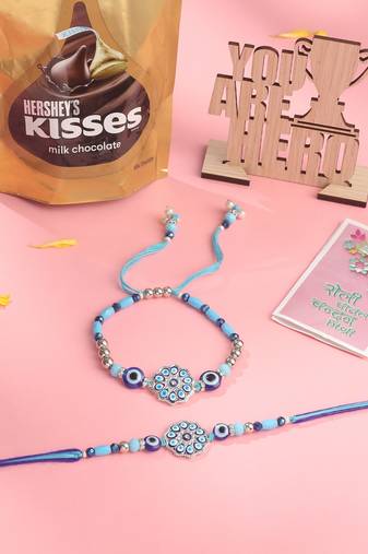 set of 2 blue evil eye floral design bhaiya bhabhi rakhi combo
