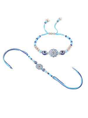 set of 2 blue evil eye floral design bhaiya bhabhi rakhi combo 3