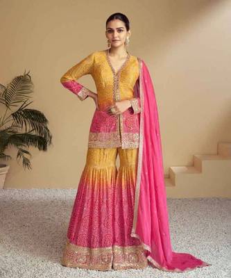 Yellow and pink art silk kurta with pant & dupatta 1