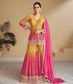 Yellow and pink art silk kurta with pant & dupatta