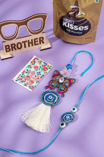 blue evil eye artificial beads set of 2 bhaiya bhabhi rakhi combo