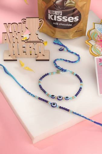 set of 2 blue evil eye artificial beads bhaiya bhabhi rakhi combo