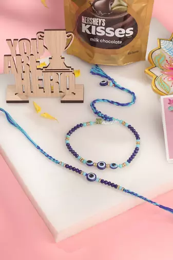 set of 2 blue evil eye artificial beads bhaiya bhabhi rakhi combo