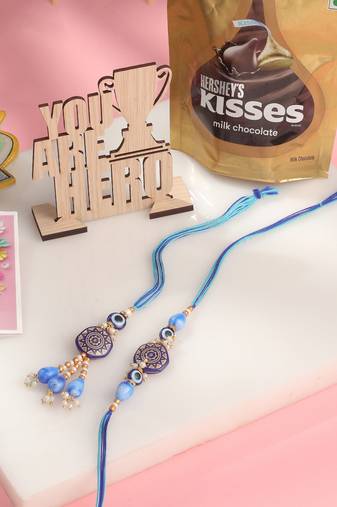 evil eye set of 2 blue artificial beads bhaiya bhabhi rakhi combo