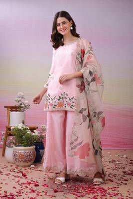 Pink art silk sequins kurta wih pant & duppata 1