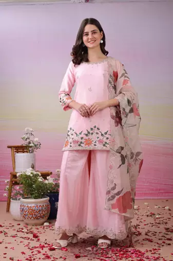 Pink art silk sequins kurta wih pant & duppata