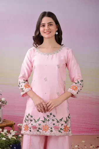 Pink art silk sequins kurta wih pant & duppata