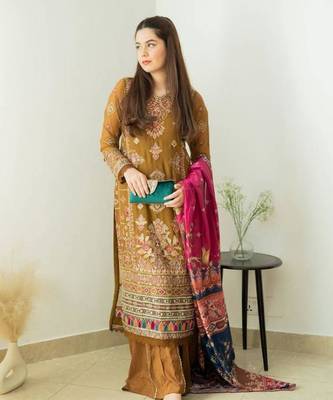 Mocha Magic Light Brown Faux Georgette Embroidered Kurta Pant Dupatta Set 1
