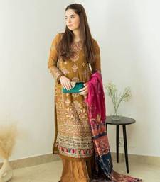 Mocha Magic Light Brown Faux Georgette Embroidered Kurta Pant Dupatta Set