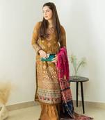Mocha Magic Light Brown Faux Georgette Embroidered Kurta Pant Dupatta Set
