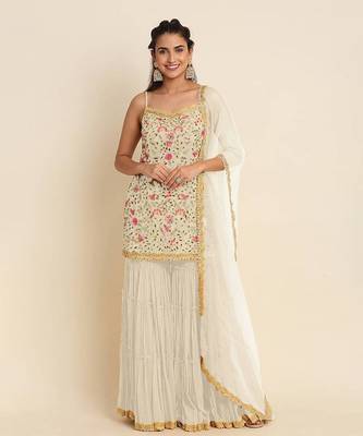 Off White Georgette Multicolor Embroidery Sleeveless Punjabi Sharara Suit 1