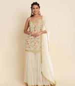 Off White Georgette Multicolor Embroidery Sleeveless Punjabi Sharara Suit