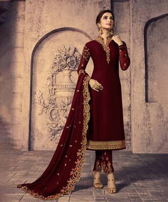 Maroon Embroidered Georgette Salwar Free size full stitched Up To 42" Size 1