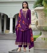  purple vichitra silk floral embroidered anarkali kurta with pant & dupatta