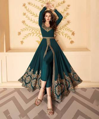 DARK GREEN SLIT STYLE EMBROIDERED ANARKALI PANT SUIT SEMI STITCHED 1