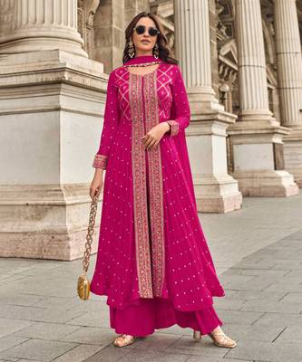 Pink embroidered jacquard free sizestitched palazzo anarkali.(size Free size full stitched Up To 42") 1