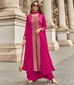 Pink embroidered jacquard free sizestitched palazzo anarkali.(size Free size full stitched Up To 42")