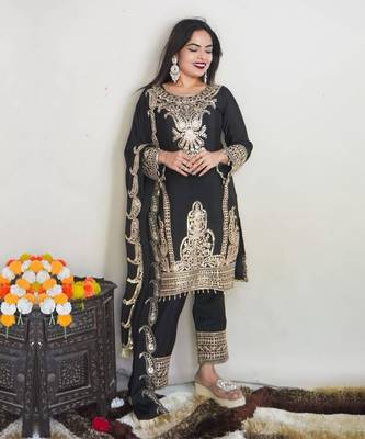 PAKISTANI Black Pure Chinnon Silk With Heavy Embroidery  Work With Full Sleeve 1