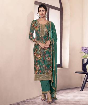 Green chinon digital print sequin embroidered semi-stitched salwar suit 1