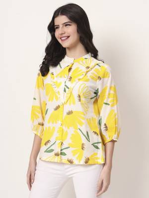 yellow cotton mandarin collar shrit style top 1