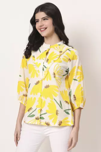 yellow cotton mandarin collar shrit style top