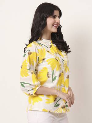 yellow cotton mandarin collar shrit style top 2