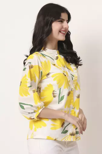 yellow cotton mandarin collar shrit style top