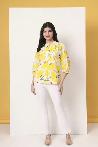 yellow cotton mandarin collar shrit style top